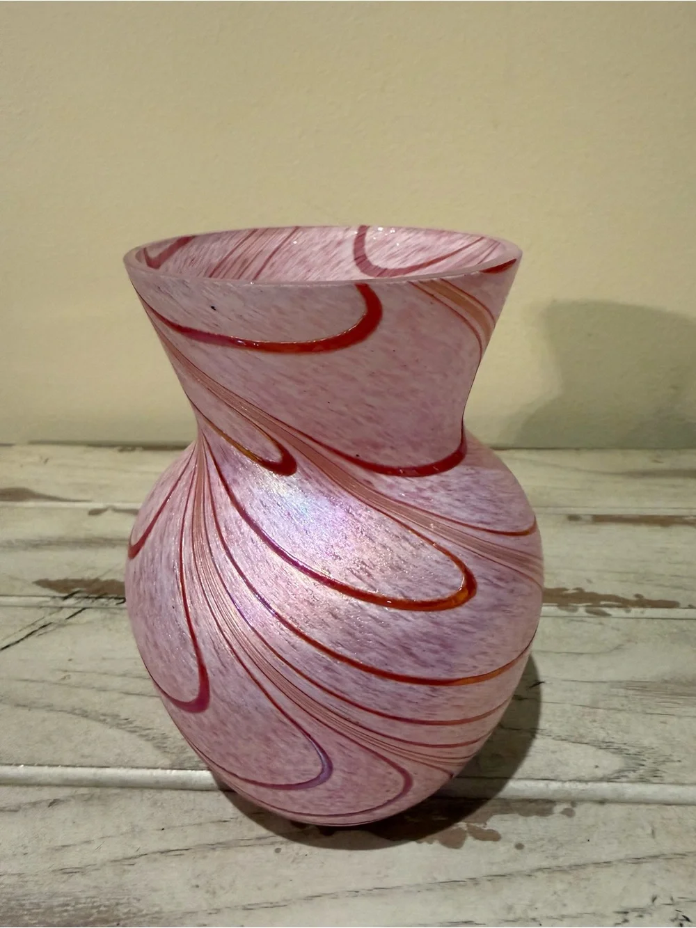 Vintage Art Glass Swirl Vase Pink White Iridescent Art Deco Studio Glass